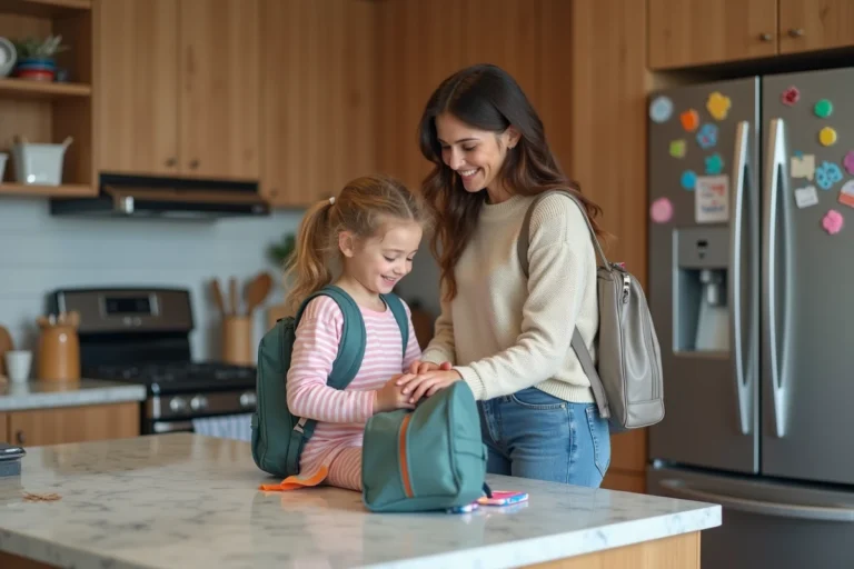 Maman et fille préparant le sac scolaire dans la cuisine