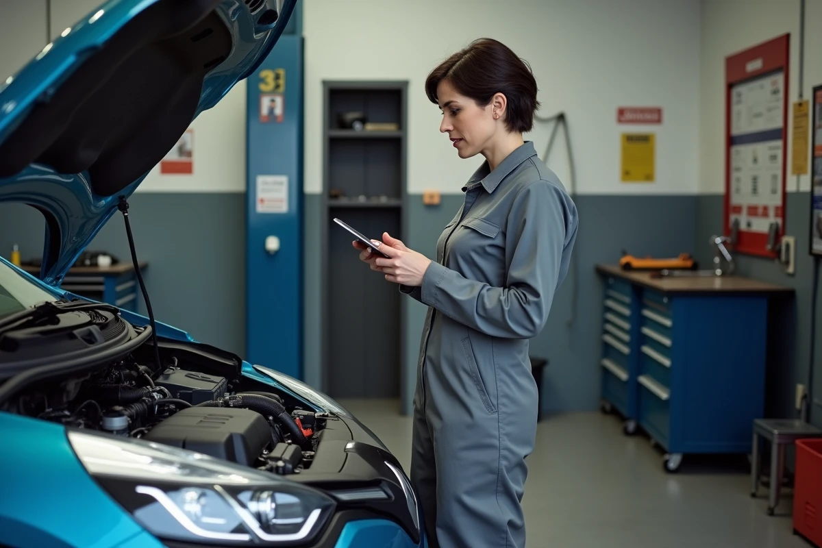 Femme mécanicien examinant le moteur de la Clio en atelier