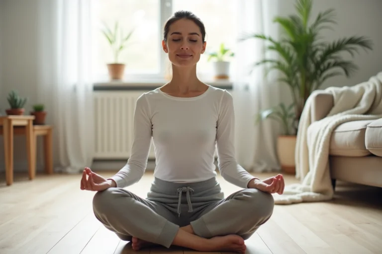 Femme en méditation matinale sur un plancher en bois dans un appartement minimaliste scandinave, pratique de bien-être quotidien