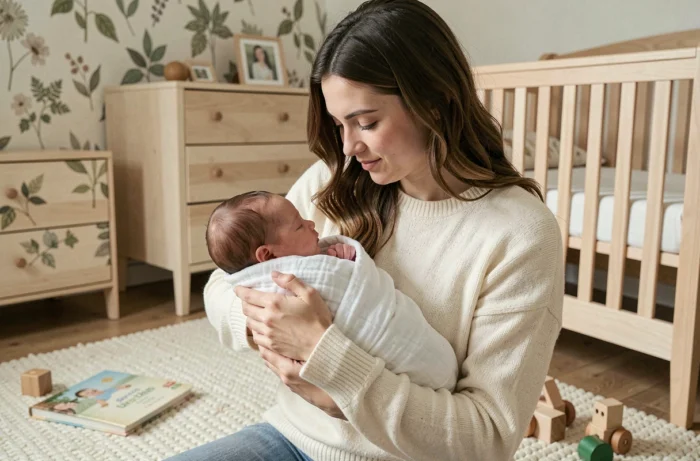 Jeune mère tenant son nouveau-né dans les bras dans une chambre de bébé cosy avec mobilier en bois clair
