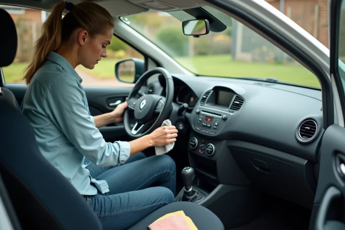 Femme nettoyant méticuleusement l'habitacle d'une Clio 3 phase 2 avec un chiffon microfibre pour préserver les matériaux