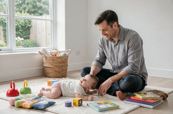 Père jouant avec son bébé de six mois lors d'une séance de tummy time sur un tapis d'éveil coloré dans un salon moderne