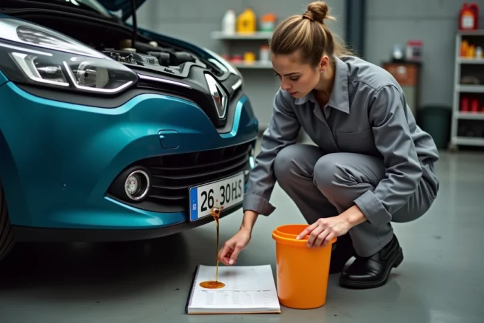 Mécanicienne effectuant une vidange moteur sur une Clio 3 phase 2 selon les intervalles de kilométrage recommandés