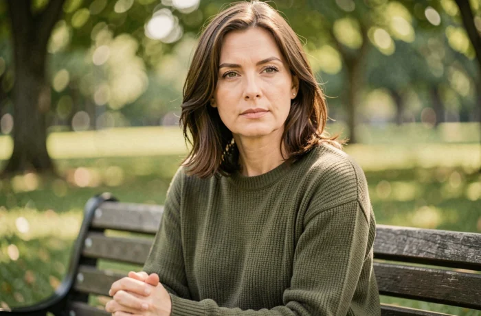 Portrait éditorial d'une femme au parc au regard serein, évoquant la vie privée et les spéculations médiatiques sur une grossesse