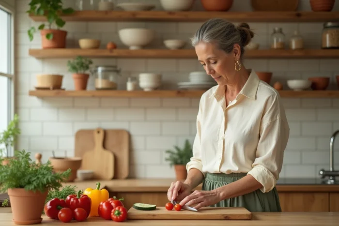 Femme préparant des légumes frais dans une cuisine chaleureuse, alimentation saine comme pilier du bien-être au quotidien