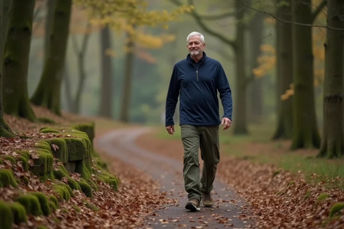 Homme marchant sur un sentier forestier en automne, promenade en pleine nature pour le bien-être mental et physique