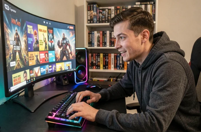 Jeune homme en sweat gris parcourant des promotions gaming sur un grand écran ultrawide dans un bureau moderne