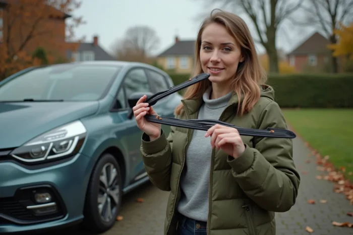Femme comparant un balai d'essuie-glace usé et un neuf avant remplacement sur une Clio 3 phase 2 en automne