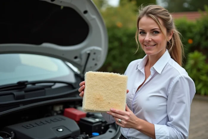Femme comparant un filtre à air usagé et un filtre neuf lors du remplacement sur une Clio 3 phase 2