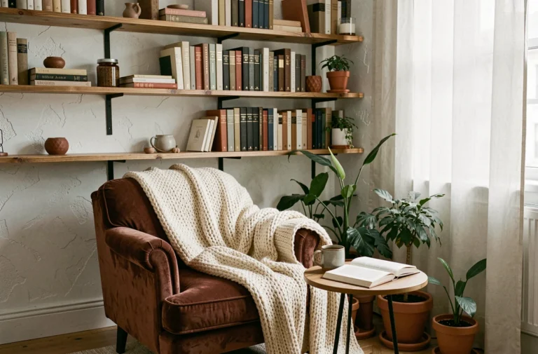 Coin salon cosy avec fauteuil en velours, plaid en tricot et plantes en pot pour une atmosphère cocon chaleureuse