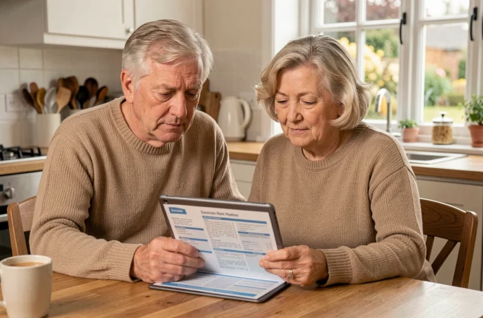 Couple de seniors consultant une mutuelle santé sur une tablette dans leur cuisine