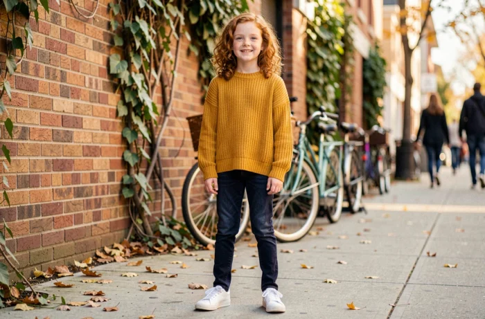 Jeune fille de 10 ans stylée en jean et pull tricoté dans une rue d'automne