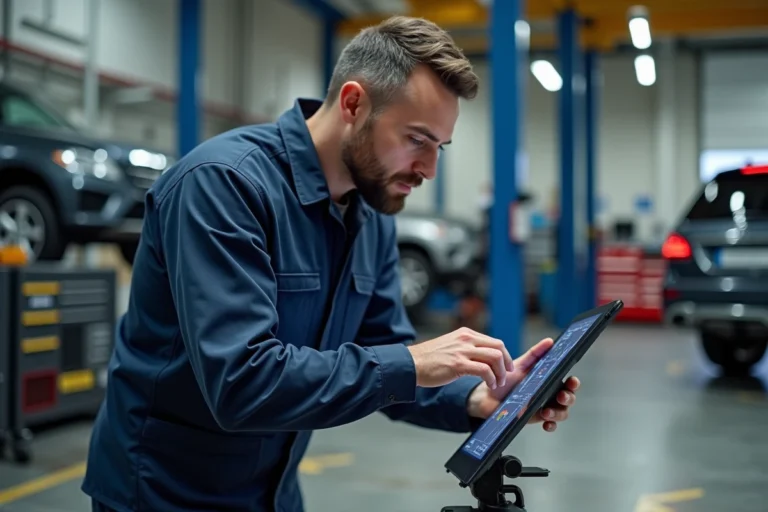 Technicien automobile consultant HaynesPro WorkshopData sur tablette dans un garage professionnel