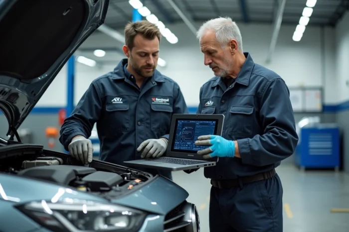 Deux techniciens automobiles consultant des données de réparation HaynesPro sur laptop près d'un moteur ouvert