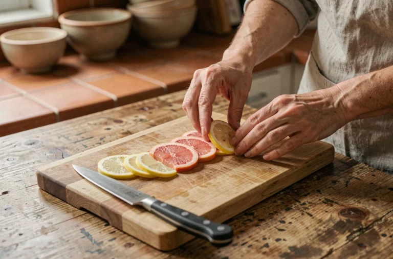 Tranches de citrons et pamplemousses fraîches disposées sur une planche en bois avant déshydratation maison