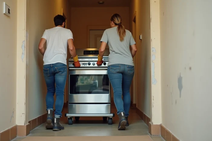 Équipe de déménageurs utilisant un diable pour transporter une cuisinière en inox dans un couloir avec protection au sol