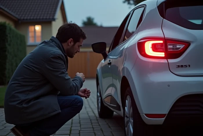 Homme vérifiant le fonctionnement des feux arrière d'une Clio 3 phase 2 lors d'un contrôle hebdomadaire de l'éclairage