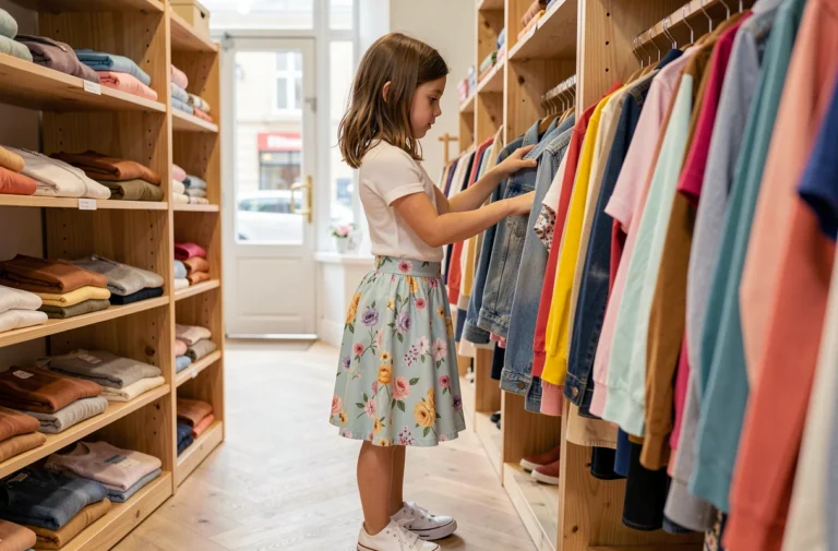 Fille de 10 ans qui choisit des vêtements tendance dans une boutique enfant colorée