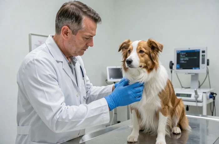 Vétérinaire examinant un border collie dans une clinique vétérinaire moderne, conseils de santé pour chiens