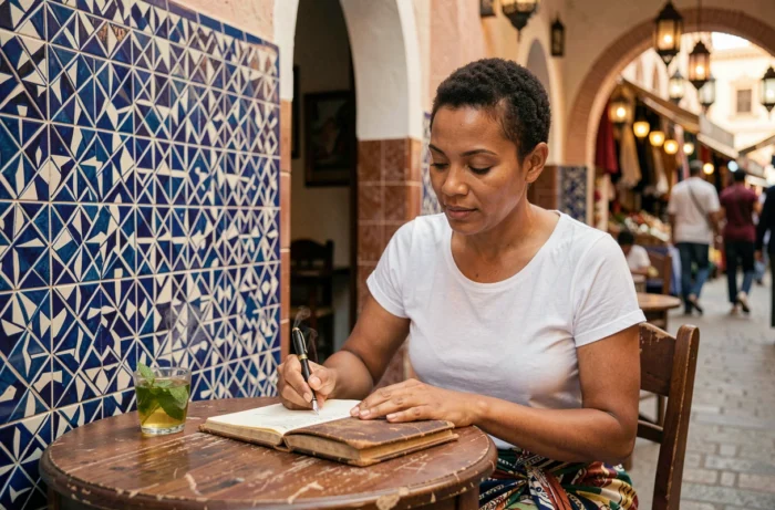 Voyageuse solitaire écrivant dans son journal dans un café traditionnel de médina nord-africaine, carnet de voyage authentique