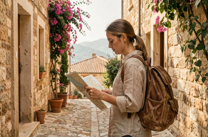 Femme explorant une ruelle méditerranéenne avec une carte papier et un sac à dos en cuir, ambiance voyage authentique